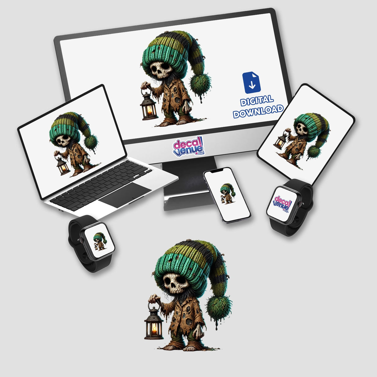 Zombie Gnome Holding Lantern displayed on various devices including a computer screen, laptop, tablet, and smartwatch. Available as Stickers or Digital Artwork from Decal Venue.
