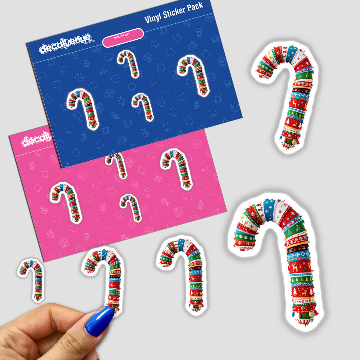 Sticker pack titled Candy Cane Ugly Christmas Sweater Style, featuring various patterned candy cane designs. Available as stickers or digital artwork from Decal Venue, known for unique stickers and digital art.