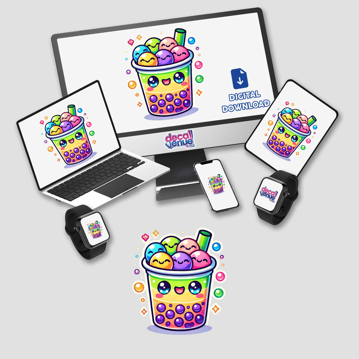 Cute Cartoon Boba Tea with Smiley Faces displayed on various devices including laptops, tablets, and a smartwatch, available as stickers or digital artwork.