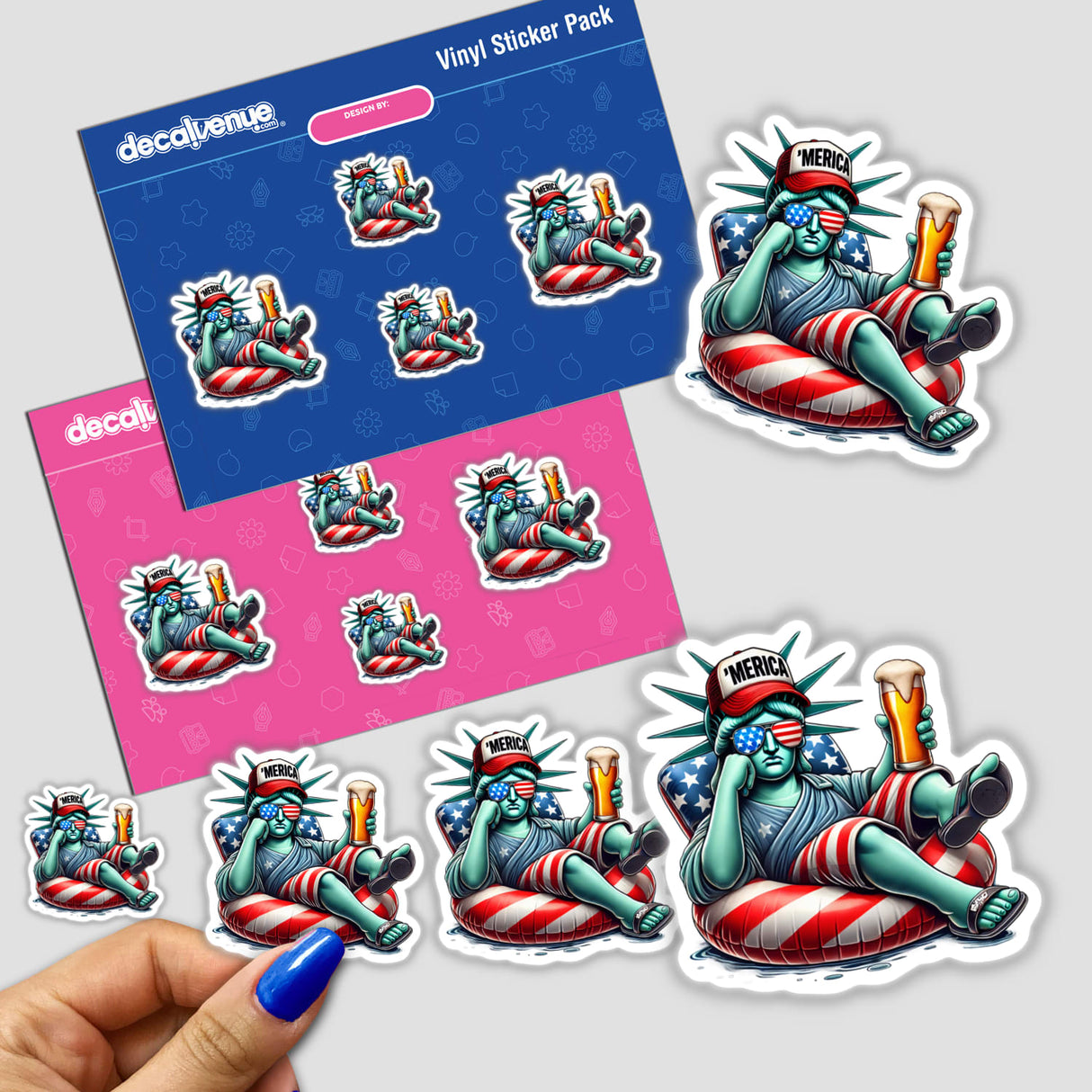 Sticker pack featuring cartoon Statue of Liberty holding a beer with text Statue of Liberty American Flag Float Merica. Available as stickers or digital artwork at Decal Venue.