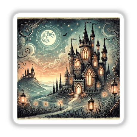 Mystical Enchanted Castle at Dusk sticker or digital artwork featuring a lit castle surrounded by trees and a prominent moon in the background.