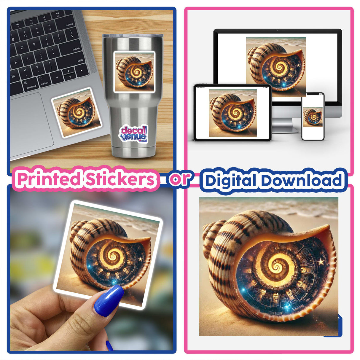 A collage depicts the Galactic Shipwreck Spaceship Ruins Inside a Seashell available as stickers or digital artwork, showcasing intricate spiral shell designs with embedded spaceship ruins.