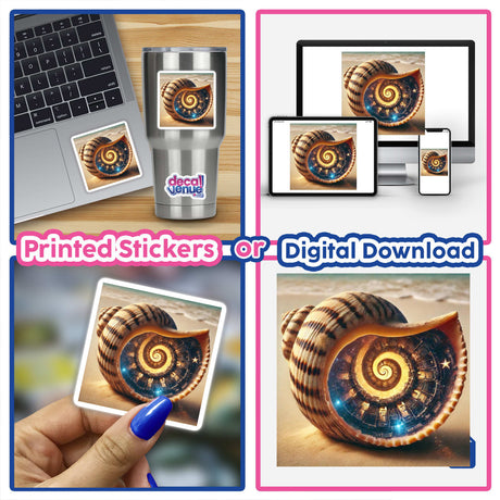 A collage depicts the Galactic Shipwreck Spaceship Ruins Inside a Seashell available as stickers or digital artwork, showcasing intricate spiral shell designs with embedded spaceship ruins.