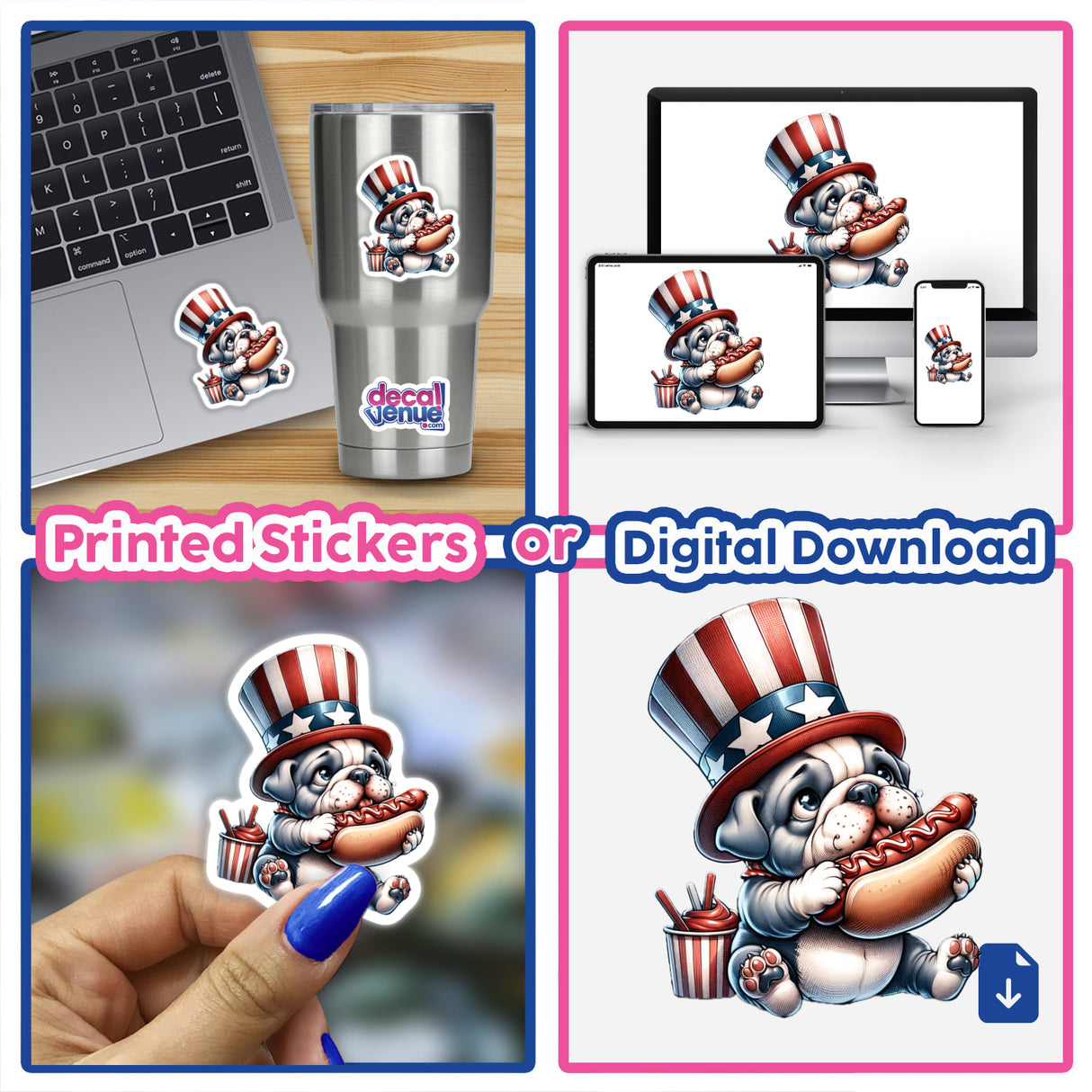 Bulldog Wearing Uncle Sam Hat Eating a Hot Dog