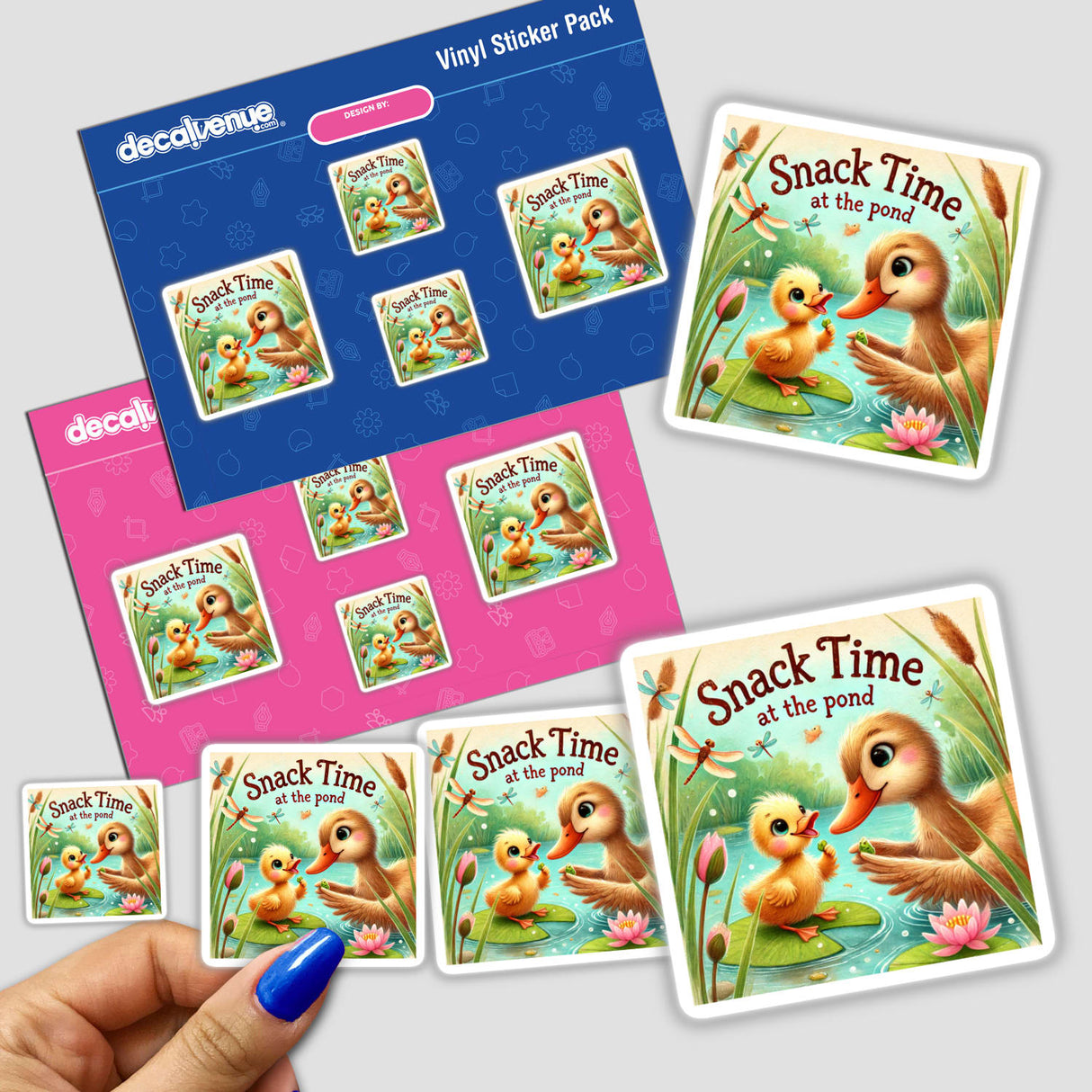 Snack Time at the Pond with Ducklings: Hand holding a cartoon duckling sticker, part of a collection featuring playful ducklings and flowers, available as stickers or digital artwork.