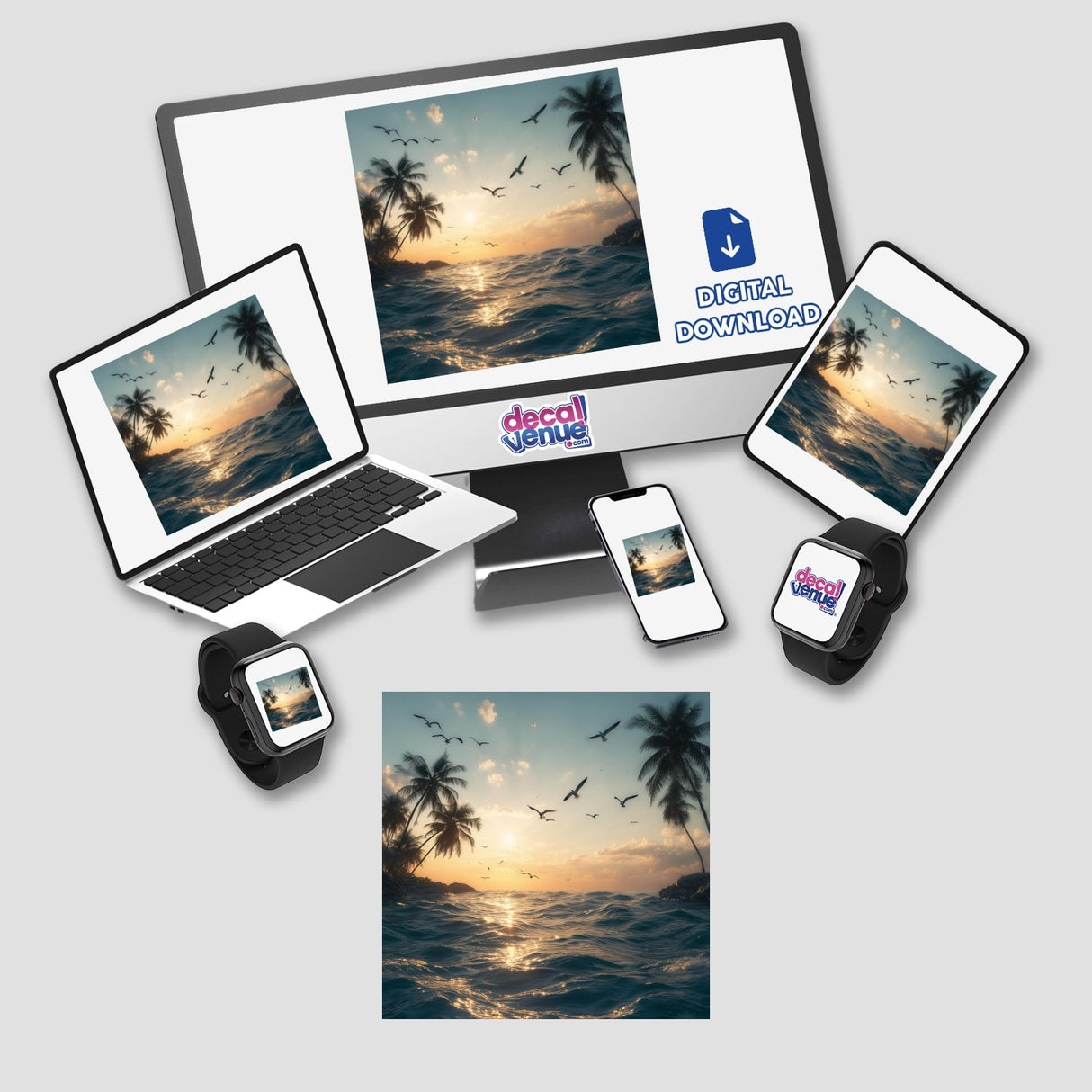 Golden Horizon Seagulls Over Ocean Waves: a digital artwork featuring seagulls flying above ocean waves, available as stickers or digital art, depicting serene beach scenery on various electronic devices.