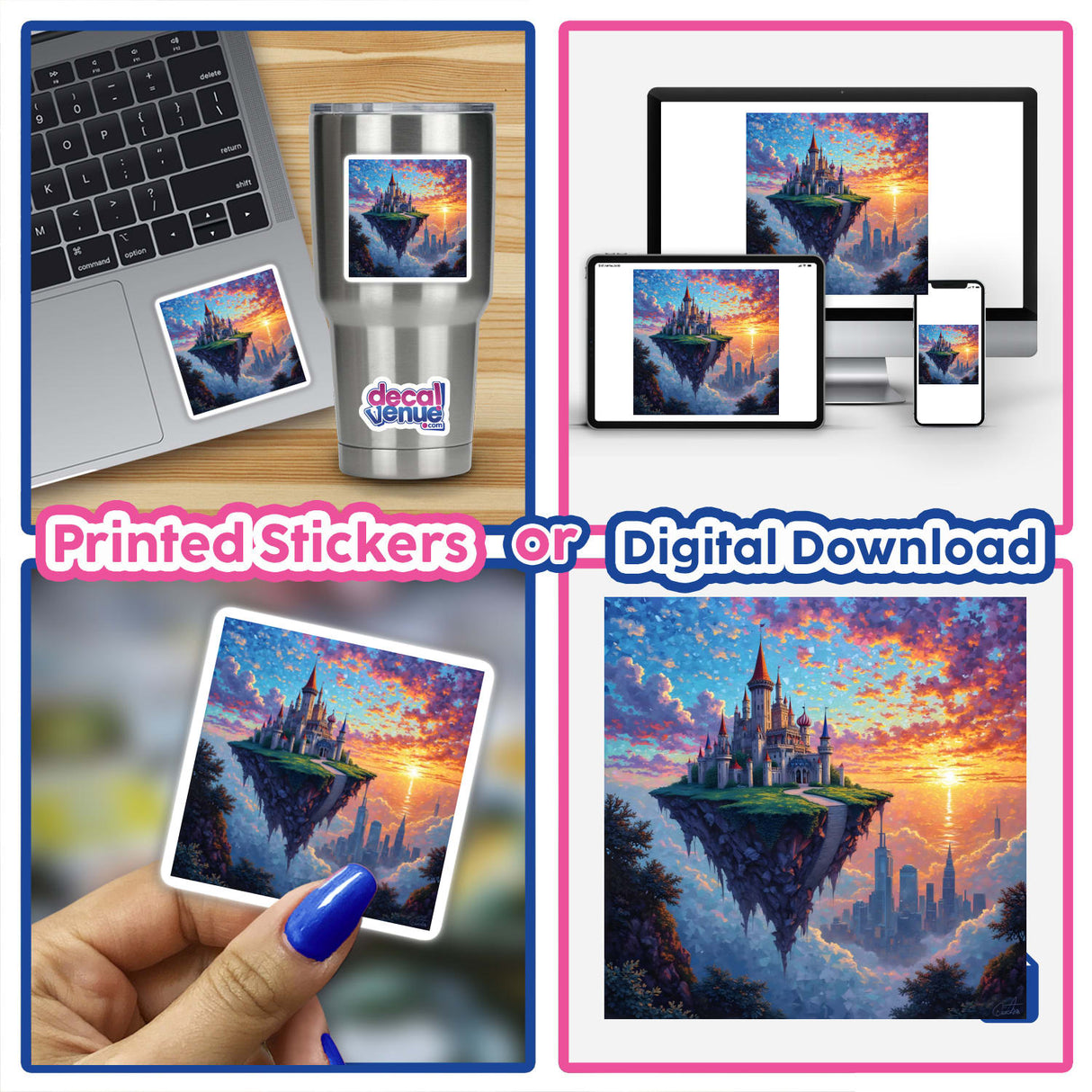 Collage showcasing Floating Crystal Castle with City Skyline Glass Mosaic Scene, featuring images on a laptop, a hand holding a picture, and a silver mug with the castle design.