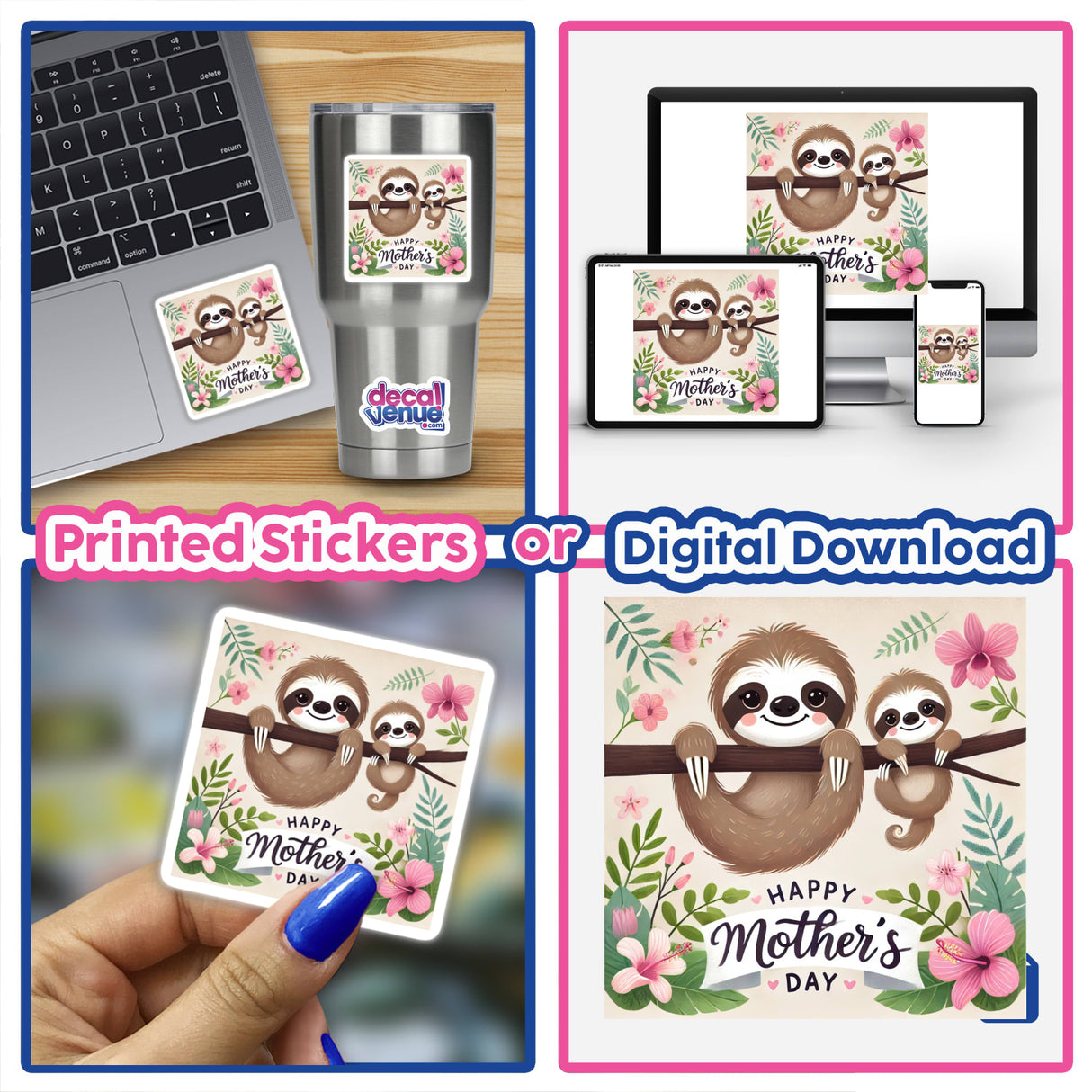 Two Sloths on Branch Happy Mothers Day artwork, available as stickers or digital art, featuring two sloths resting on a branch, capturing a charming maternal scene.