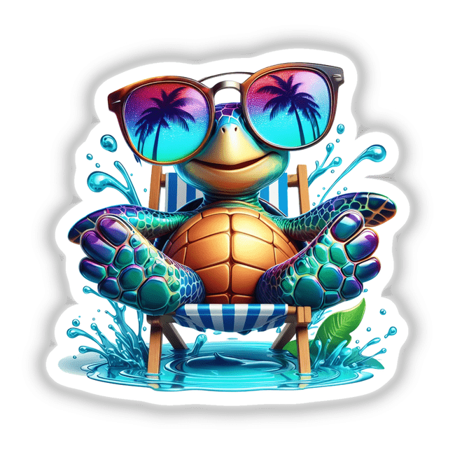 Happy Sea Turtle Sitting in Beach Chair: A playful cartoon turtle in sunglasses relaxes on a striped chair, available as a sticker or digital artwork from Decal Venue.