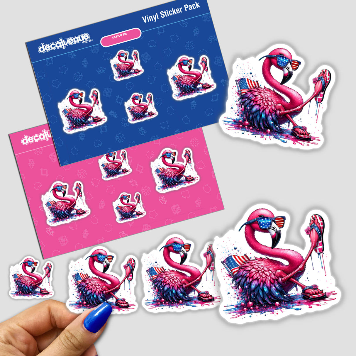 American Flamingo Dripping in Glitter: A sticker of a cartoon flamingo wearing sunglasses and flip-flops, embodying playful charm, offered as both a sticker and digital artwork.