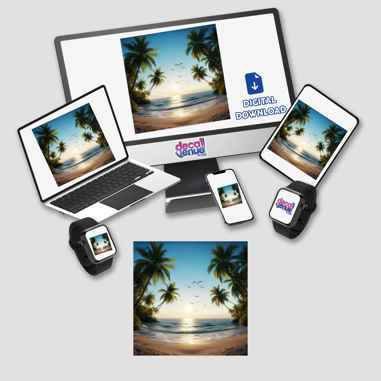 Tranquil Sunset Seagulls Over Tropical Beach displayed on a laptop and phone screen, available as stickers or digital artwork from Decal Venue. Features a serene beach with palm trees.