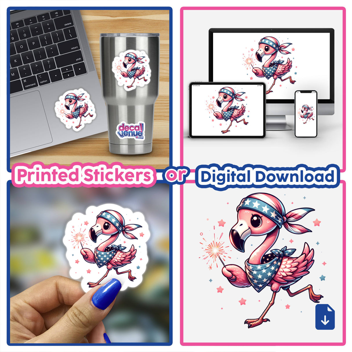 Patriotic Flamingo Wearing Bandana Holding Sparkler
