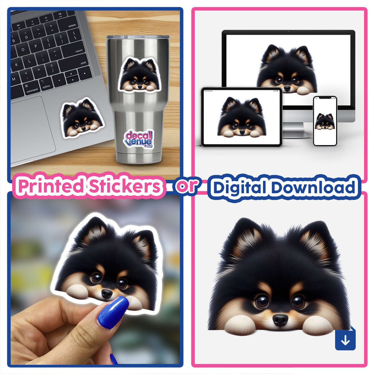 Peeking Tan and Black Pomeranian Pom Dog design, available as a sticker or digital artwork, showcasing a playful and curious expression, ideal for unique vinyl sticker collections or digital art enthusiasts.