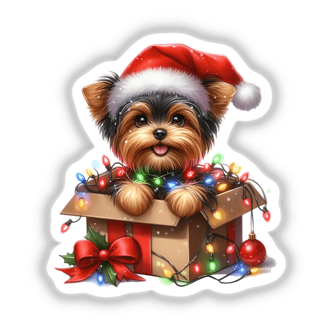 Christmas Lights Santa Yorkie in Gift Box II features a cartoon Yorkie in a festive box adorned with lights and a Santa hat, available as unique stickers or digital artwork.