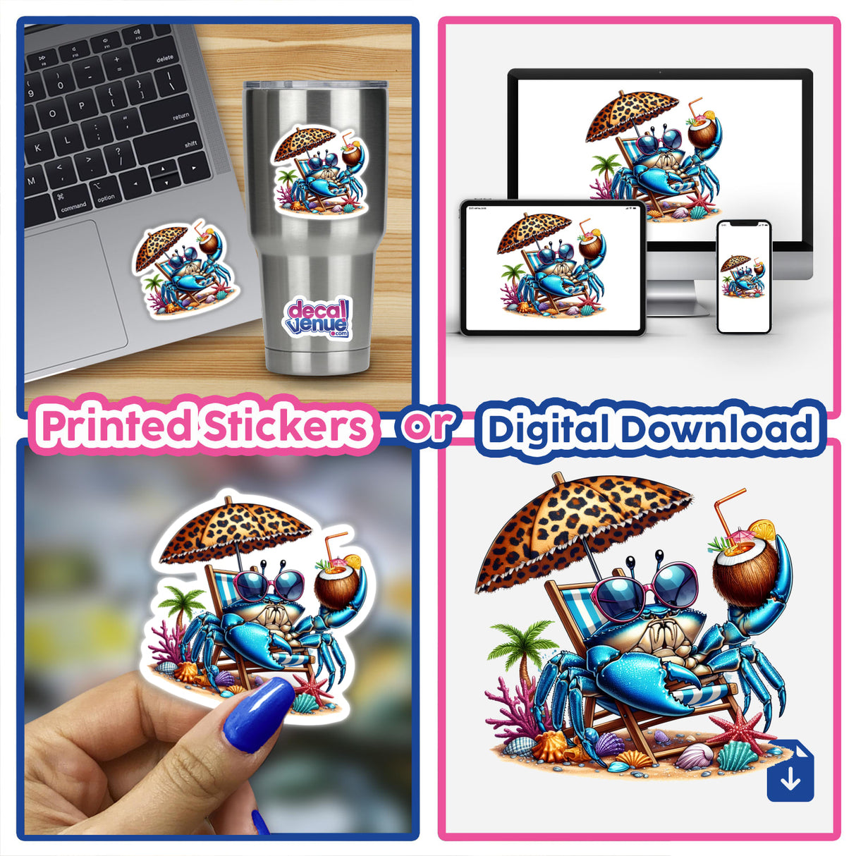 Summertime Blue Crab with Coconut Drink design shown as stickers on a laptop, tumbler, and hand, and as digital artwork on a monitor, tablet, and phone.
