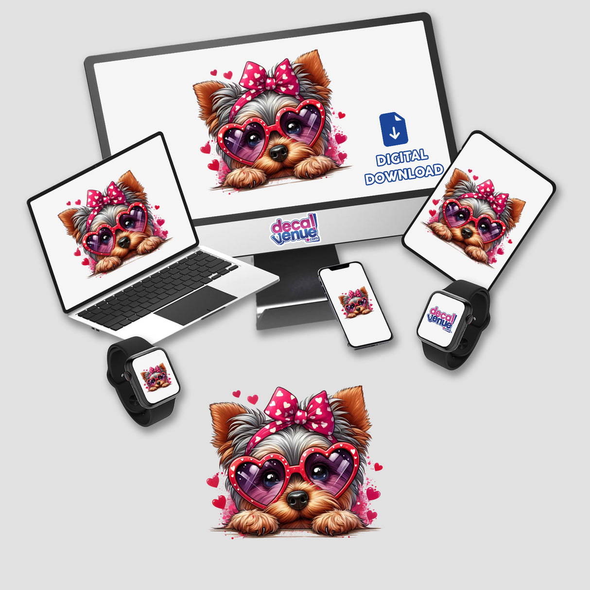 Peeking Valentine Yorkie on a laptop screen, featuring a dog with heart-shaped glasses. Available as stickers or digital artwork from Decal Venue, known for unique vinyl stickers and digital art.