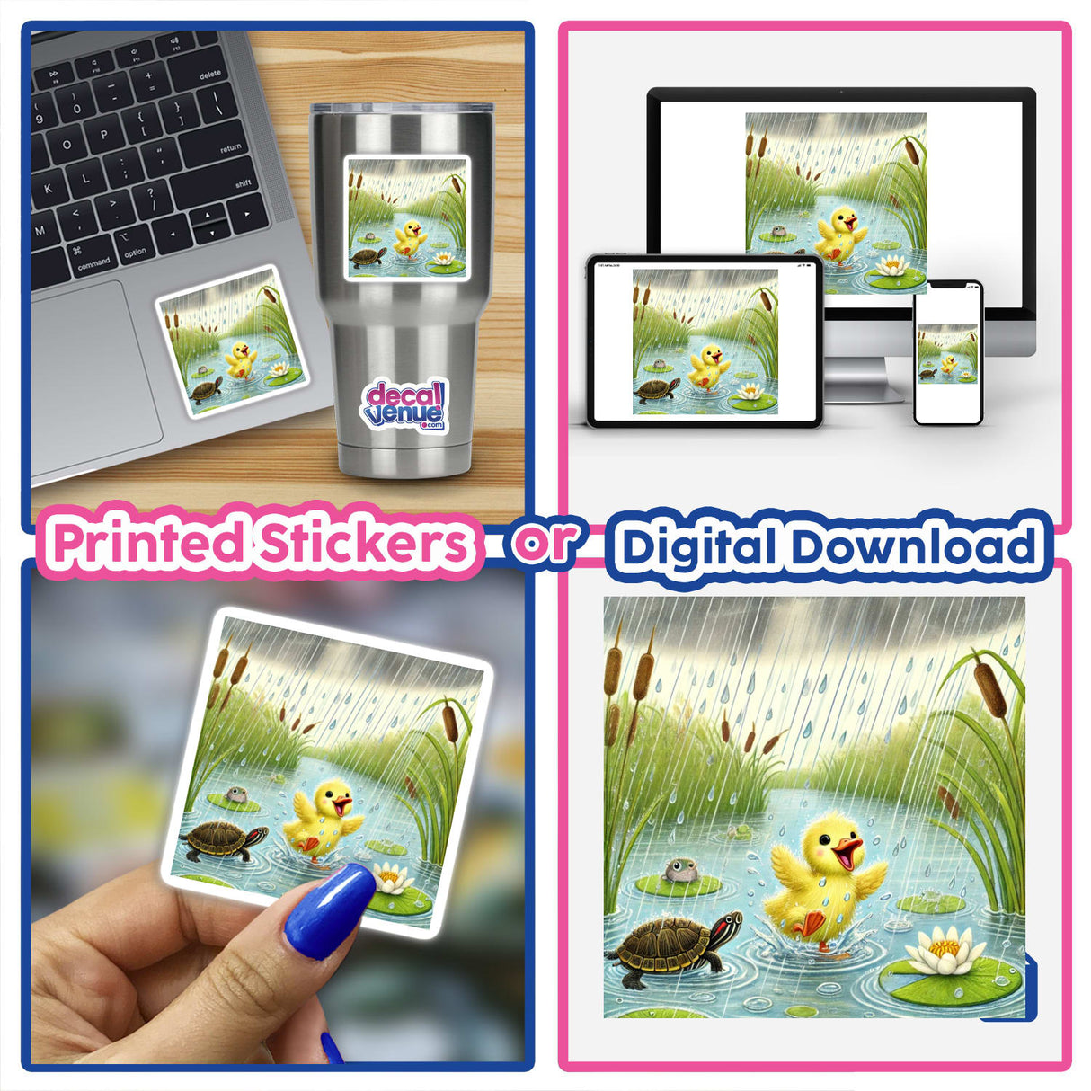 Duckling Turtle Frog In Rain With Plants And Lily sticker or digital art, featuring a cartoon of a duckling in a pond with turtles, ideal for unique vinyl decor.