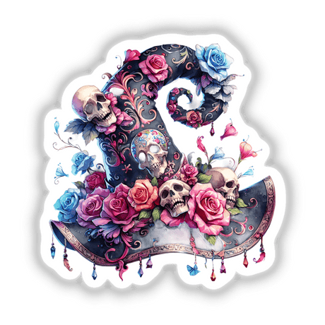 Halloween Witch Hat featuring skulls and floral designs, available as stickers or digital artwork from Decal Venue.