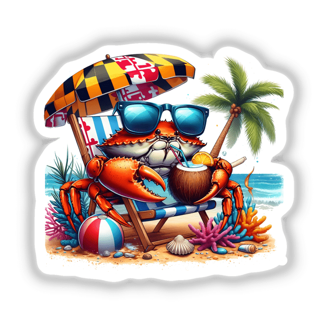 Tropical Blue Crab on Beach Sipping Coconut Drink II: A cartoon crab relaxes in a beach chair with sunglasses and a coconut, featuring a Maryland-themed umbrella, surrounded by a palm, beach ball, and seashells.