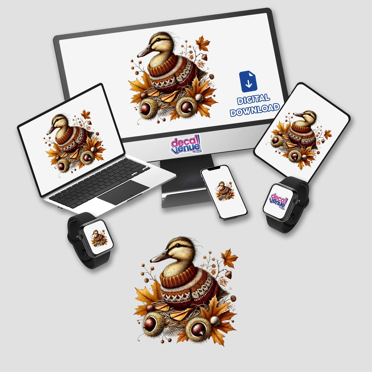 Autumn Duck in Cozy Sweater displayed on various devices like a computer monitor, laptop, tablet, smartphone, and smartwatch. Available as stickers or digital artwork.