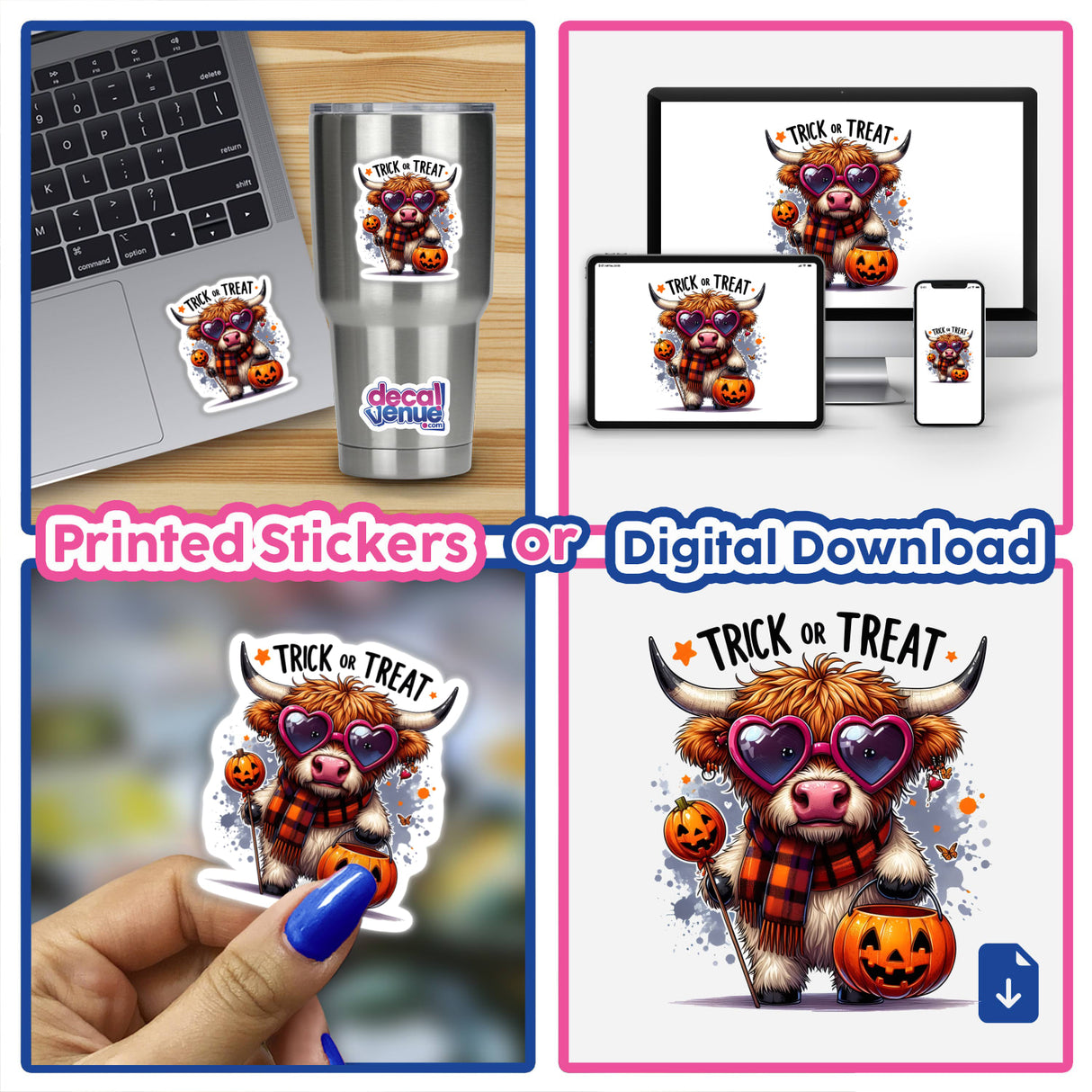 Highland Cow Halloween Trick or Treater stickers and digital download featuring a cartoon cow in sunglasses, a scarf, holding a pumpkin and candy, showcased on various items like a laptop and phone.