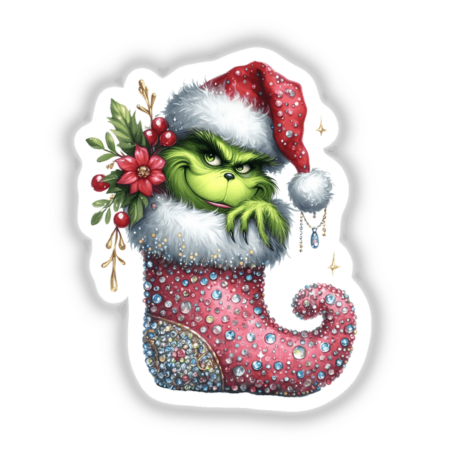 Green Grouch Santa in Sparkly Christmas Stocking Boot illustration, featuring a cartoon character in a red hat and boot, available as stickers or digital artwork for unique decorative purposes.