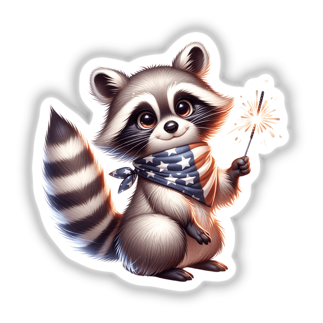 Raccoon Wearing Stars and Stripes Bandana Holding Sparkler
