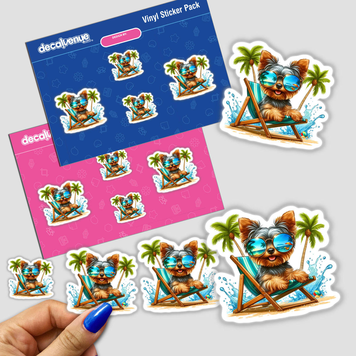 Peeking Yorkie Dog Sitting in Beach Chair sticker pack, featuring cartoon dogs wearing sunglasses, available as vinyl stickers or digital artwork from Decal Venue.