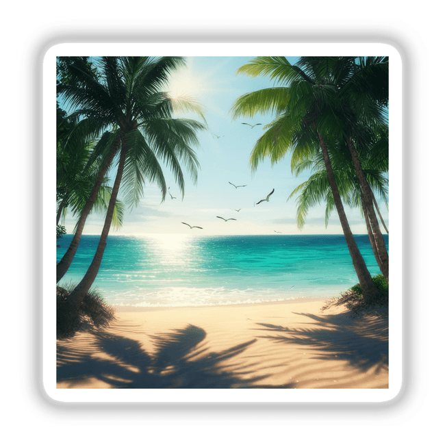 Tropical Paradise Seagulls Over Ocean Shore artwork featuring palm trees and seagulls above a beach, available as stickers or digital artwork from Decal Venue, captures the essence of serene coastal beauty.