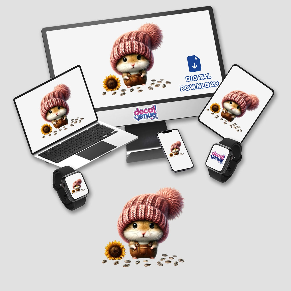 Hamster Gnome with Sunflower Seeds Stickers and Digital Art displayed on various devices.