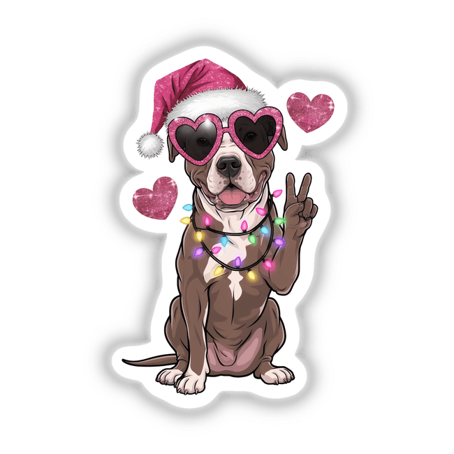 Christmas Santa Pitbull Dog Peace Sign III featuring a cartoon pitbull in a Santa hat and sunglasses, available as stickers or digital artwork from Decal Venue.