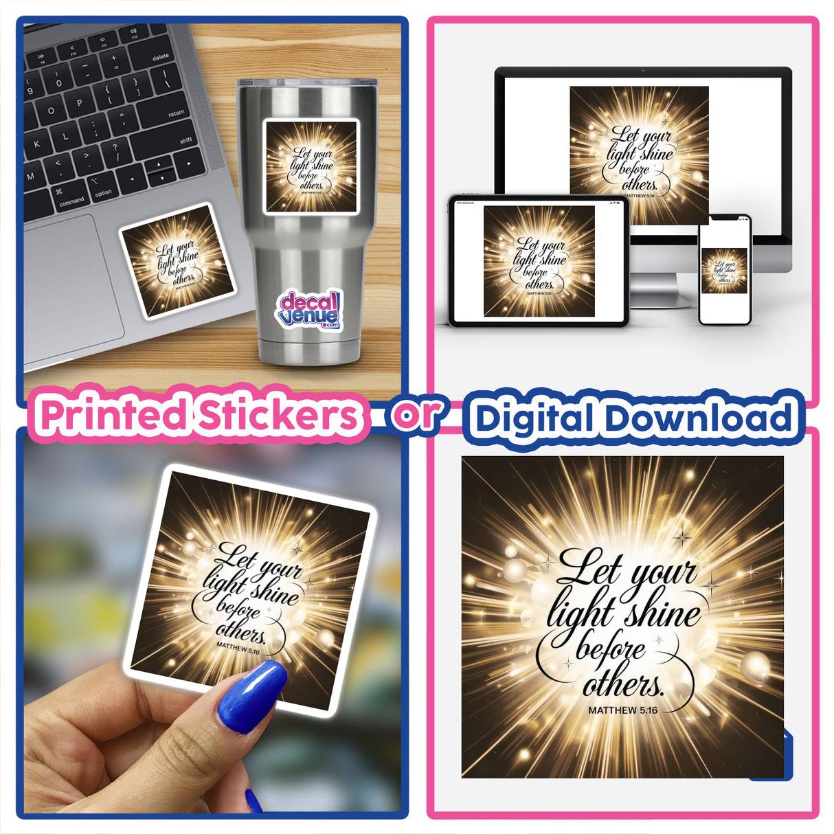 Collage featuring laptops adorned with Let your light shine before others - Matthew 5:16 stickers, highlighting unique vinyl designs from Decal Venue.