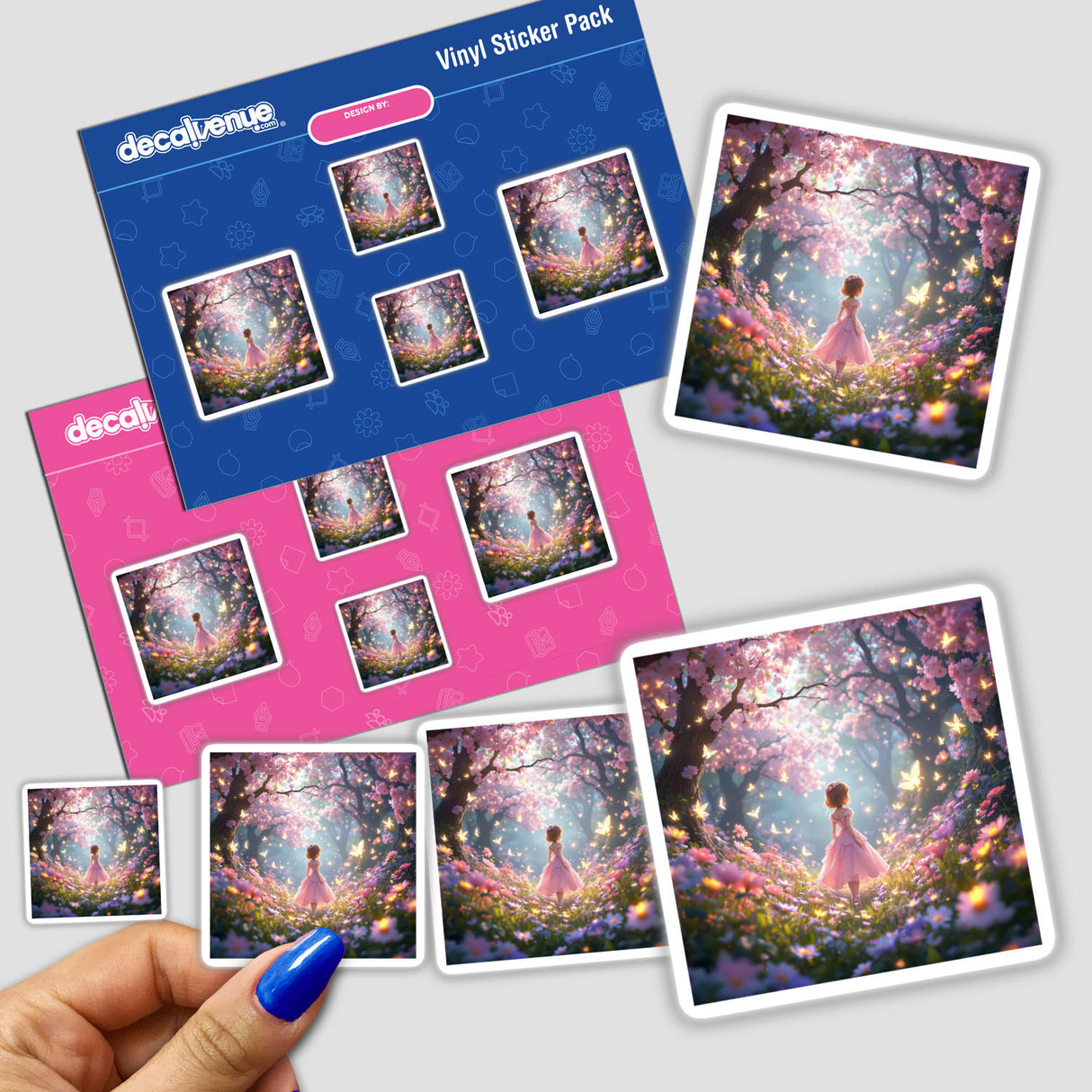 Enchanted Princess in a Dreamy Meadow sticker features a girl in a flowing dress walking through a vibrant field of flowers, capturing a whimsical and serene moment.