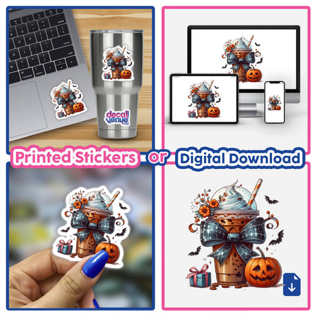 Pumpkin Spice Coquette Fall Bow stickers on a laptop, coffee cup, and hand, highlighting unique seasonal-themed designs.