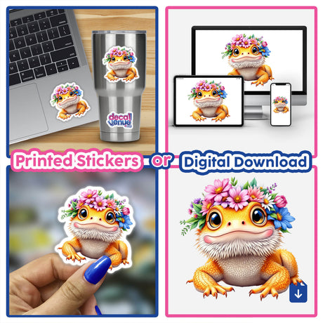 Playful Bearded Dragon with a Springtime Flower Crown as a vinyl sticker on a laptop, showcasing a whimsical lizard with floral details, perfect for adding charm and personality.