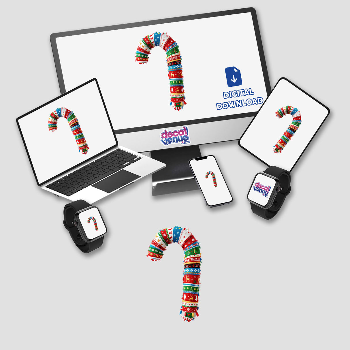 Candy Cane Ugly Christmas Sweater Style displayed on a computer monitor and laptop, featuring candy cane graphics. Available as unique stickers or digital artwork from Decal Venue.