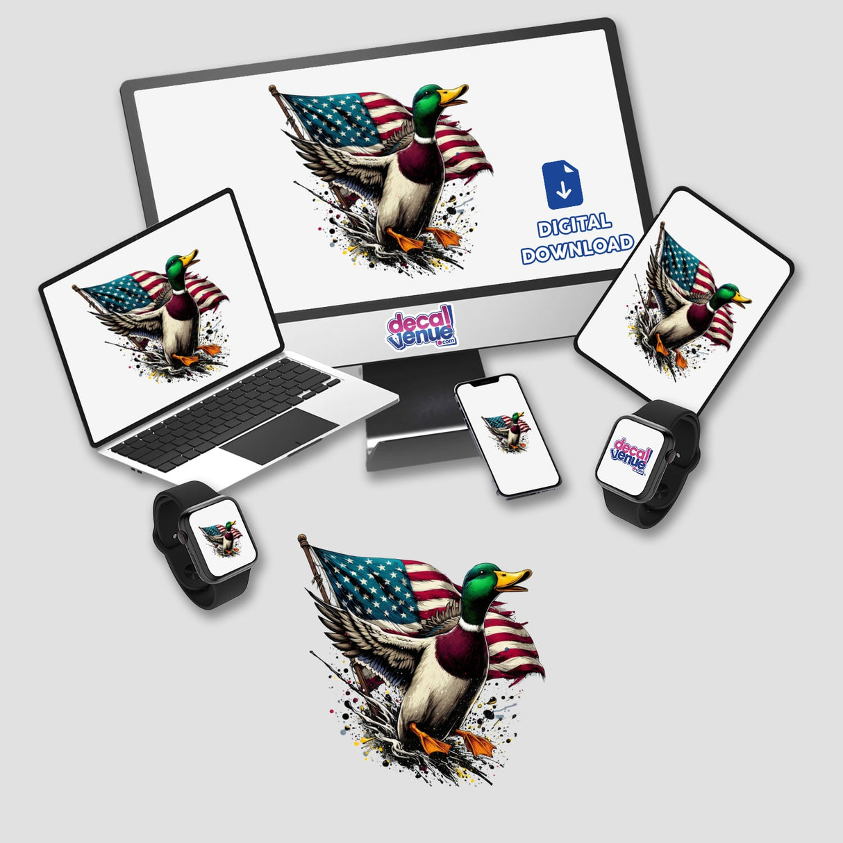 Mallard Duck American Flag Splatter displayed on a laptop and tablet, showcasing a cartoon duck with a flag, available as stickers or digital artwork from Decal Venue.