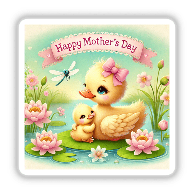 Happy Mothers Day Ducklings And Flowers With Pond: A cartoon duck and duckling on lily pads amidst flowers and a dragonfly, perfect as stickers or digital artwork from Decal Venue.