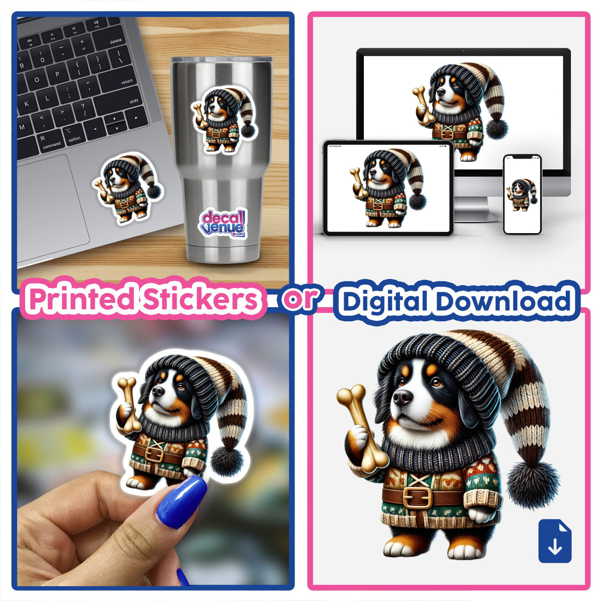 Cute Bernese Mountain Dog gnome holding a bone, available as printed stickers or digital downloads on the Decal Venue online store. The image showcases the character design from multiple angles, including on a laptop, phone, and as a sticker being applied.