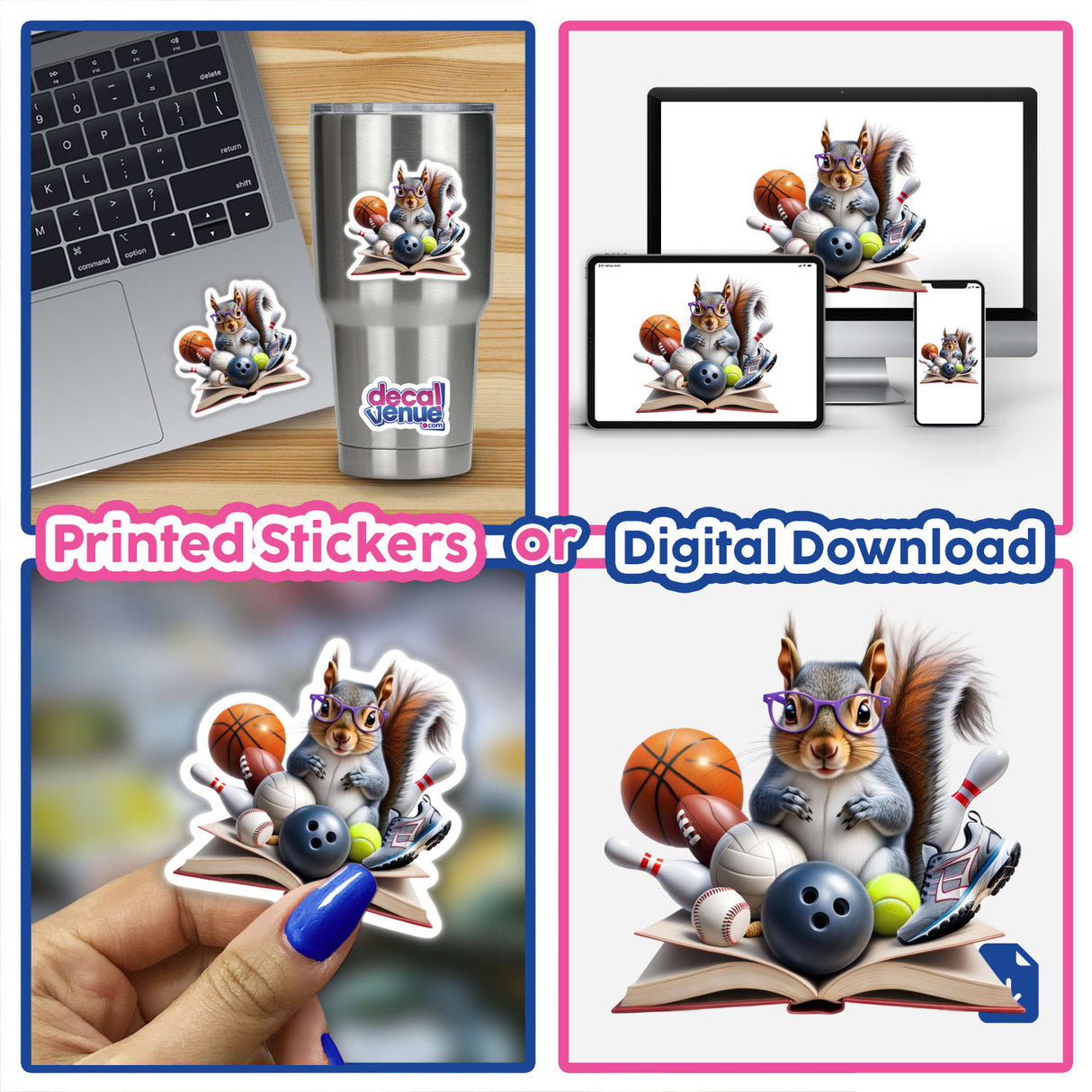 Squirrel Reading a Book with Purple Glasses and Sports Balls; collage featuring stickers of a cartoon squirrel interacting with books and various sports equipment, available from Decal Venue as unique vinyl stickers or digital artwork.