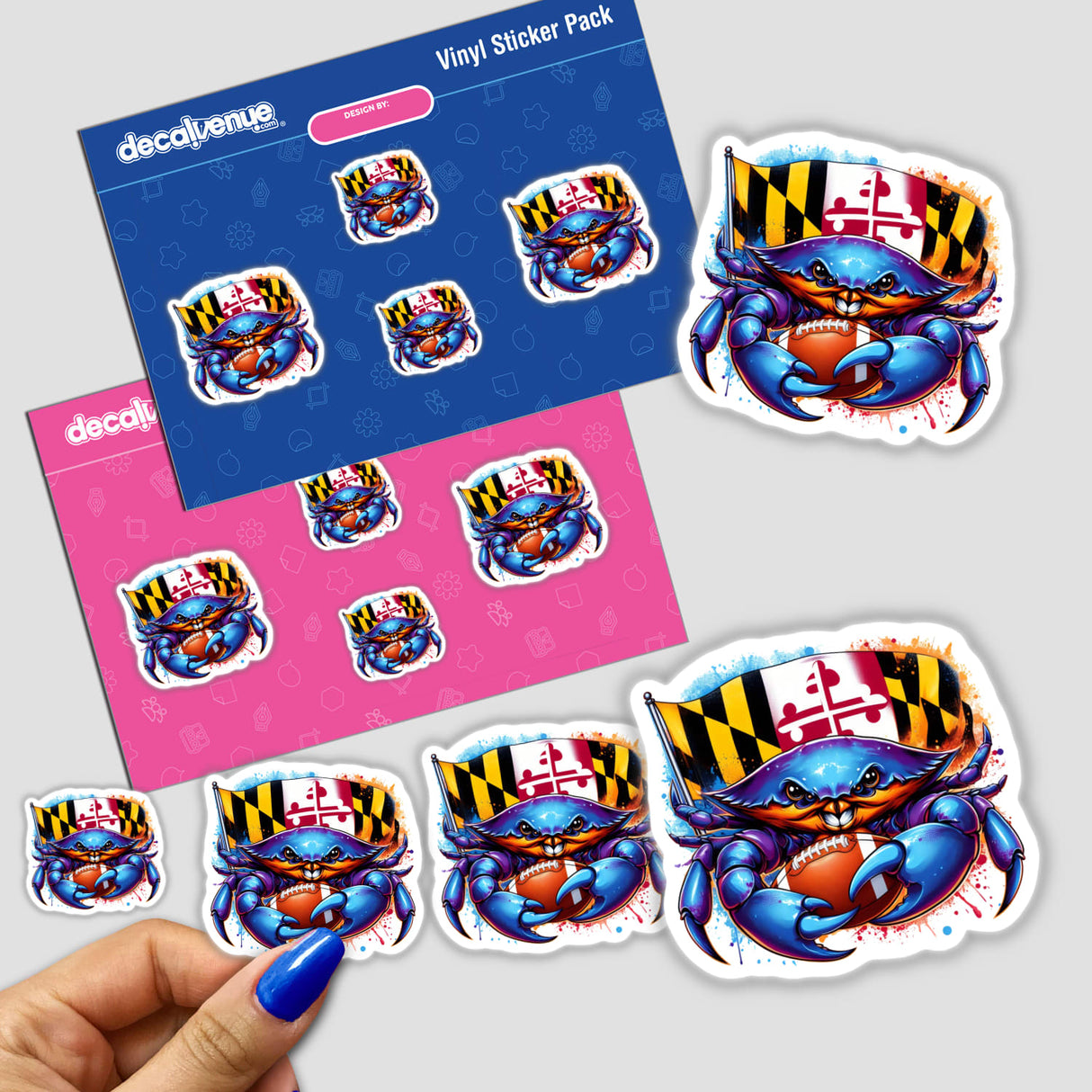 Maryland Crab Football Splatter sticker features a cartoon crab holding a football and a flag, capturing a playful graphic design. Available as stickers or digital artwork from Decal Venue.