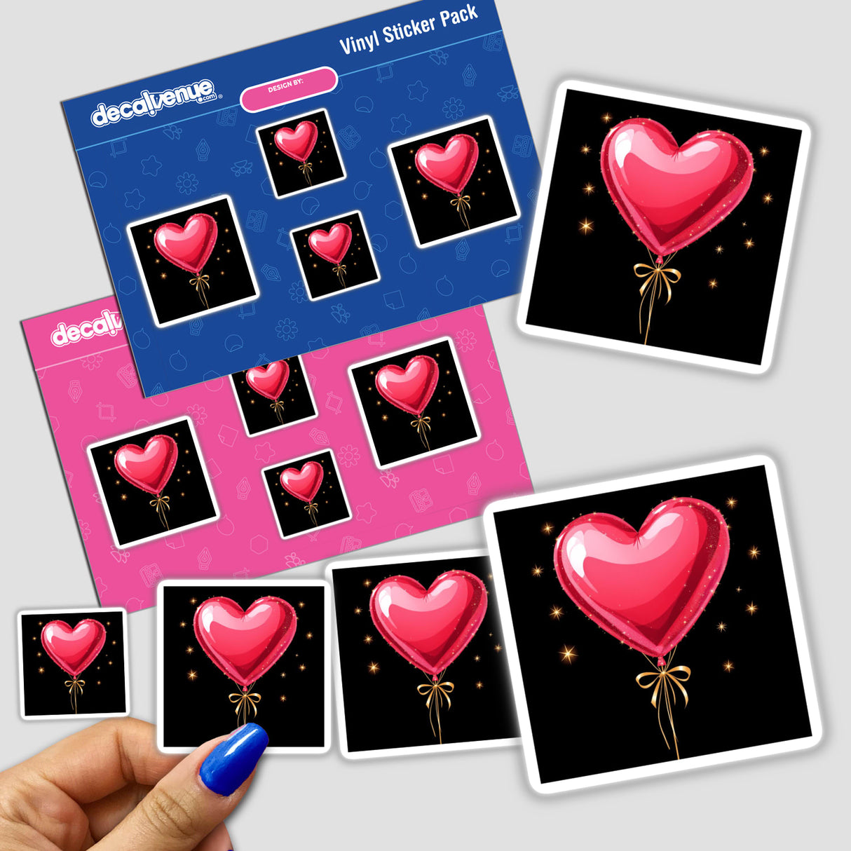 Heart-Shaped Balloon Bouquet with Gold Ribbon sticker pack displayed in a hand, featuring intricate designs of pink heart-shaped balloons, ideal for Valentine's Day-themed stickers or digital artwork.