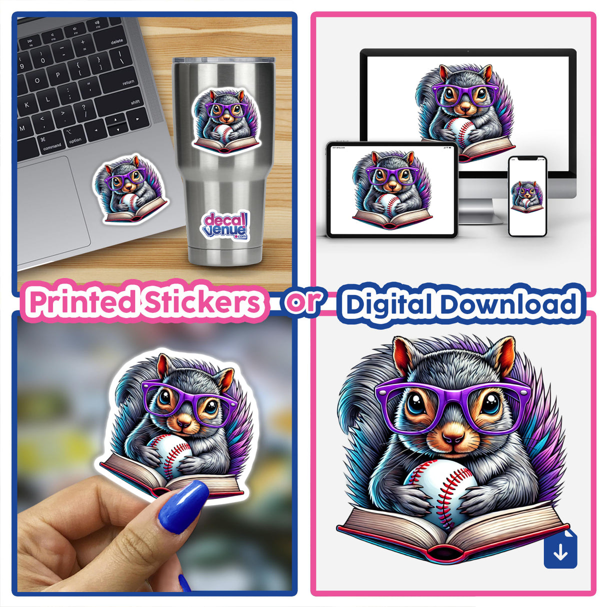 Sticker of a squirrel wearing purple glasses, holding a baseball and a book, titled Squirrel Reading a Book with Purple Glasses and Baseball, available at Decal Venue.