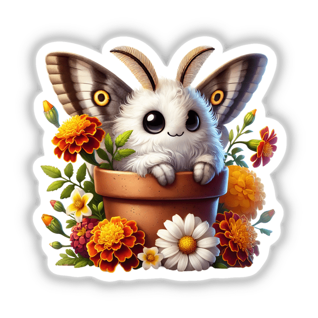 Moth Peeking Out of Flower Pot: A cartoon of a white furry animal with large ears and wings, nestled in a pot of flowers, available as stickers or digital artwork.