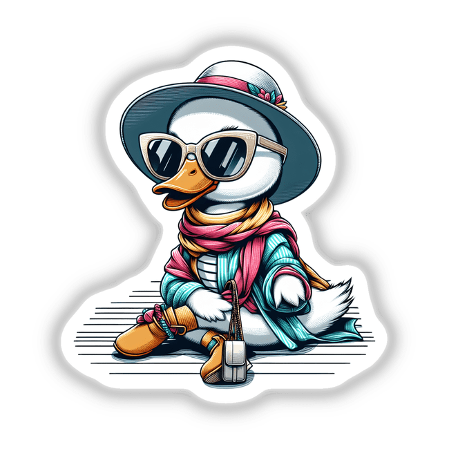 Fashionable Duck Sitting Pretty: Cartoon duck wearing a hat and sunglasses, available as stickers or digital artwork from Decal Venue.