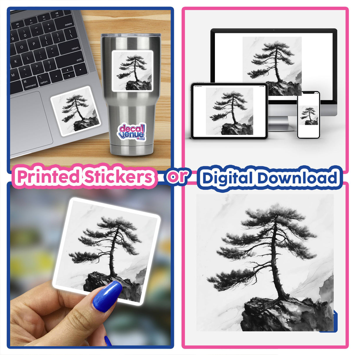 Sumi-e Pine Tree on Cliffside Minimal Japanese Landscape Art depicted as a detailed sticker or digital artwork, showcasing intricate brushwork and serene composition, embodying Decal Venue's unique artistic offerings.