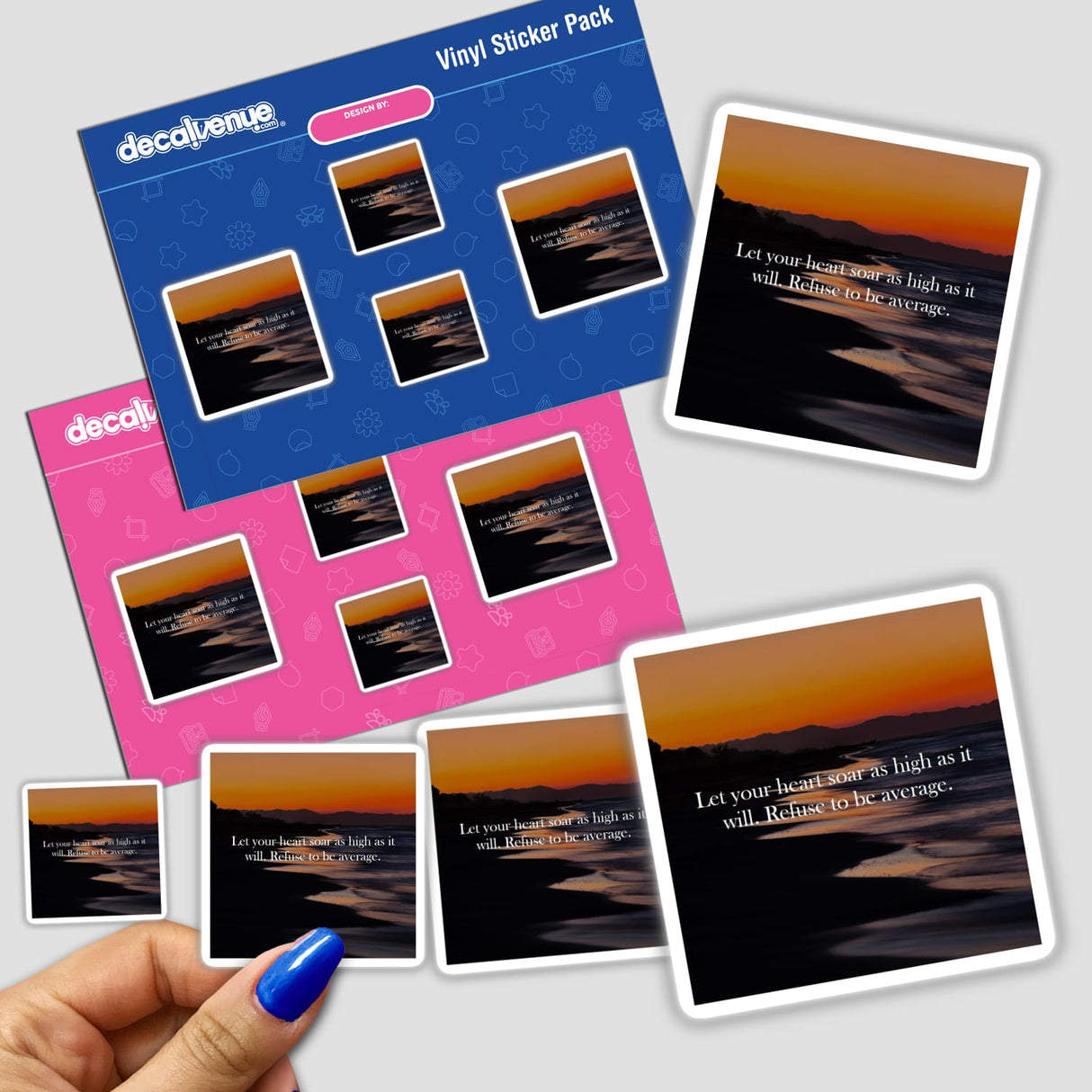 Let your heart soar as high as it will. Refuse to be average. sticker features a serene ocean view with a sunset sky and distant mountains, embodying a motivational beach scene from Decal Venue.