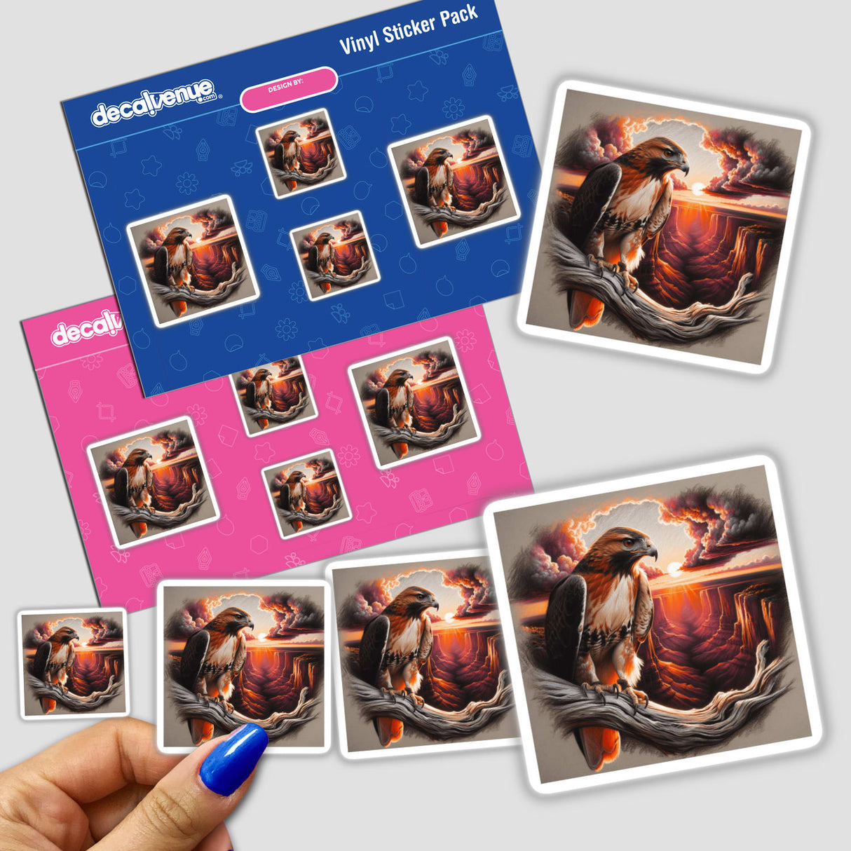 Hawk on a Gnarled Tree Branch in a Canyon Sunset: Sticker featuring a detailed bird perched on a branch, available as part of Decal Venue's unique sticker and digital art collection.