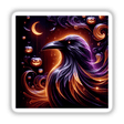 Black Raven Ethereal Halloween Glow features a black bird adorned with orange and purple swirls, surrounded by pumpkins. Available as stickers or digital artwork.