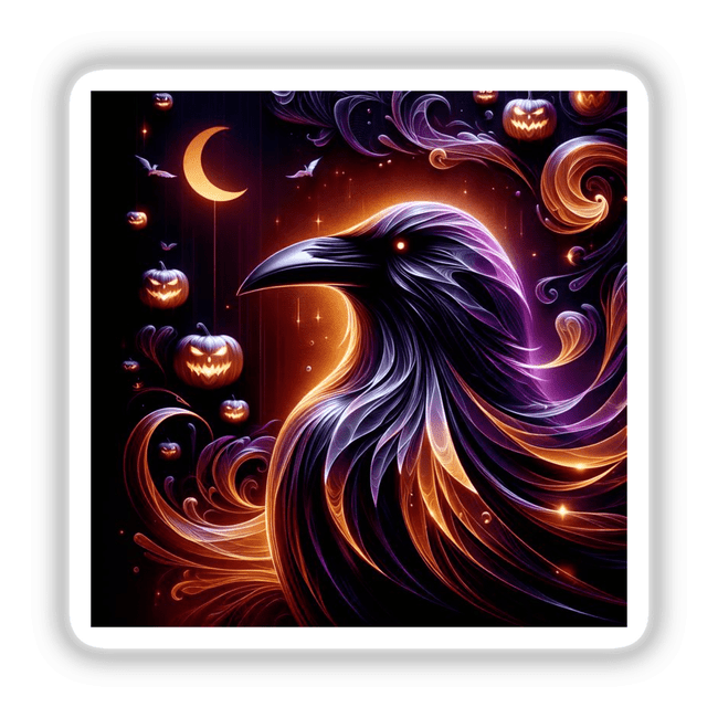 Black Raven Ethereal Halloween Glow features a black bird adorned with orange and purple swirls, surrounded by pumpkins. Available as stickers or digital artwork.
